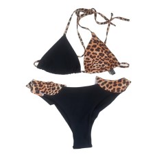 Mya Swimwear Δίχρωμο Γυναικείο Σετ Μπικίνι Τριγωνάκι Μαύρο - Leopard Print με Βολάν Large