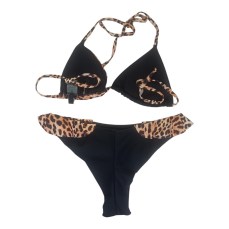 Mya Swimwear Δίχρωμο Γυναικείο Σετ Μπικίνι Τριγωνάκι Μαύρο - Leopard Print με Βολάν Large