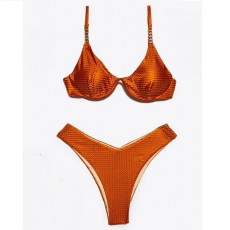 exxes fashion Γυναικεία μαγιό σετ γυαλιστερό με V cut μπικίνι Πορτοκαλί Ν.46